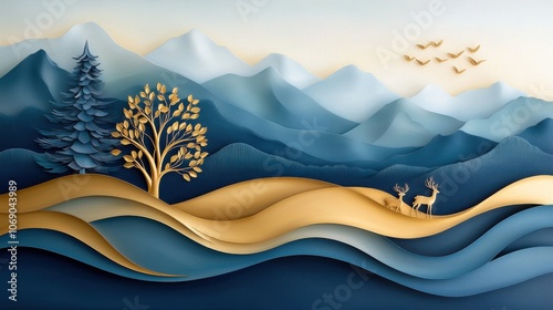 Contemporary Mural in Dark Blue and Gold Tones