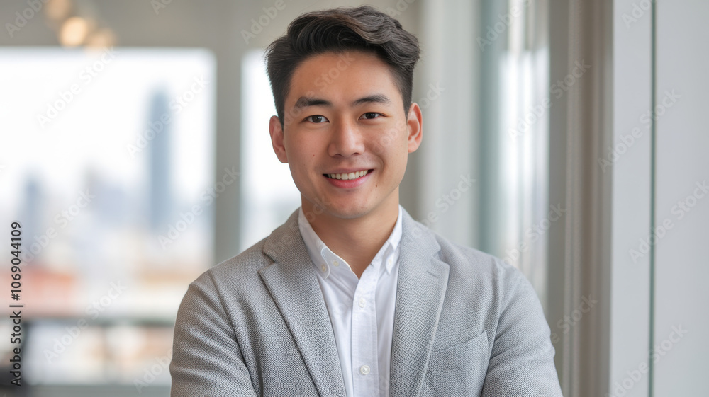 A confident young Asian man in a light gray blazer smiles warmly, showcasing professionalism in a modern office setting with soft, natural lighting. A confident young Asian man in a light gray blazer smiles warmly, showcasing professionalism in a modern office setting with soft, natural lighting.