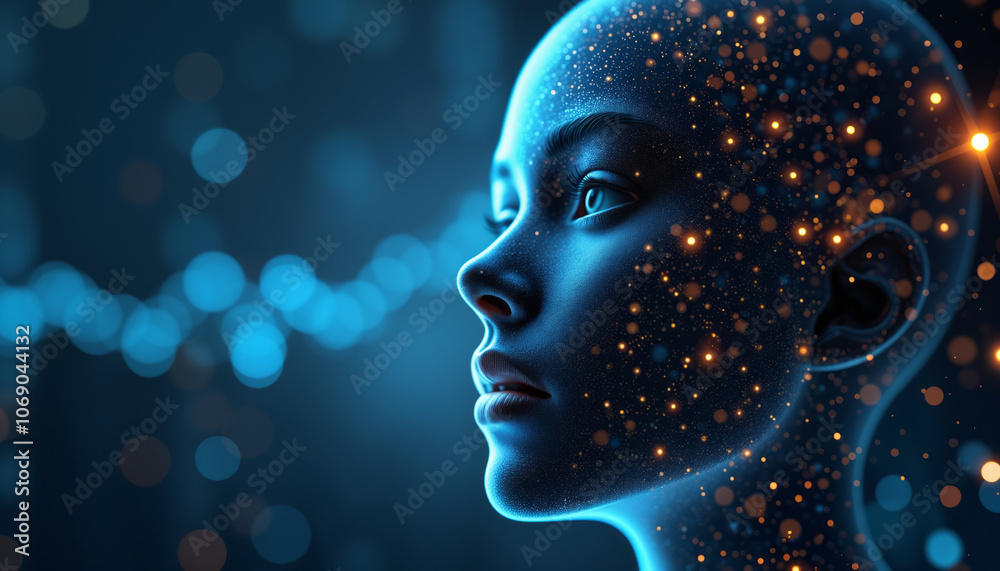 Woman’s face with a glowing head against a dark blue background, scattered with small white dots. technologically advanced atmosphere, possibly representing AI or future-oriented concepts. Woman’s face with a glowing head against a dark blue background, scattered with small white dots. technologically advanced atmosphere, possibly representing AI or future-oriented concepts.