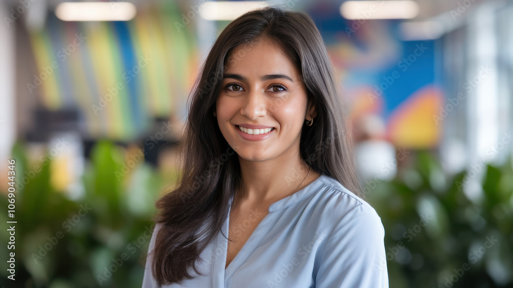 A young South Asian woman smiles warmly in an office setting, with vibrant colorful backgrounds and green plants, giving a sense of positivity and professionalism. A young South Asian woman smiles warmly in an office setting, with vibrant colorful backgrounds and green plants, giving a sense of positivity and professionalism.