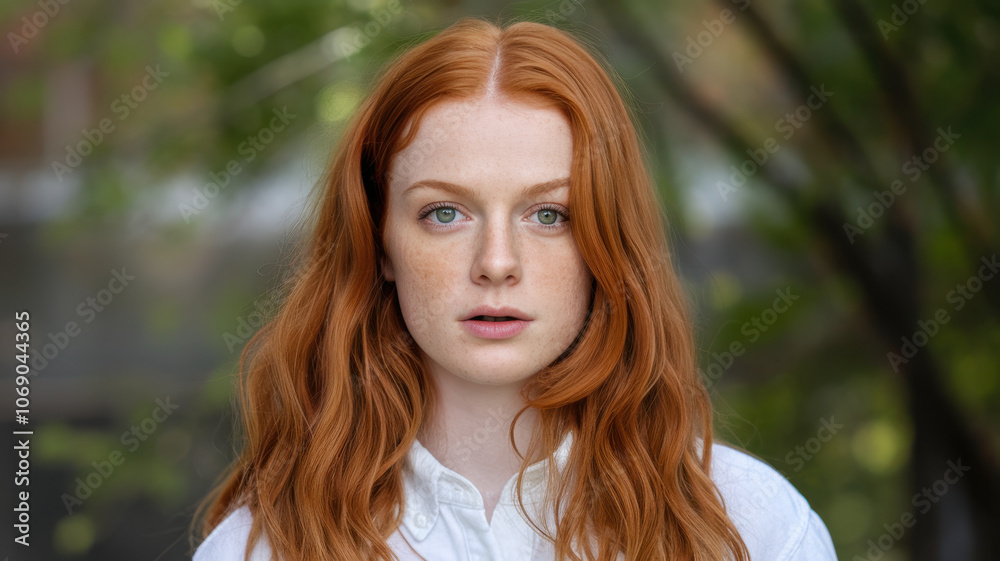 A young Caucasian woman with long red hair and freckles gazes thoughtfully at the camera, surrounded by a lush green background that evokes a serene atmosphere. A young Caucasian woman with long red hair and freckles gazes thoughtfully at the camera, surrounded by a lush green background that evokes a serene atmosphere.