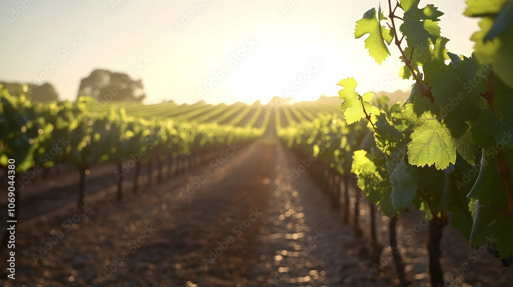 Fototapeta premium Rows of grapevines in a vineyard at sunrise with sun rays shining through the leaves.