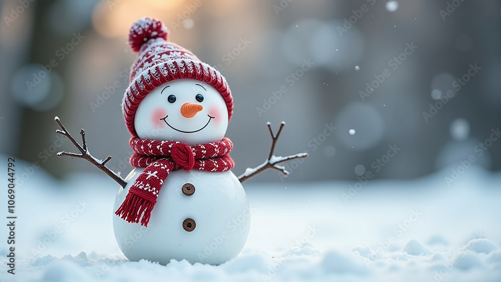 Fototapeta premium Snowman in red hat and scarf on white snow with bokeh background