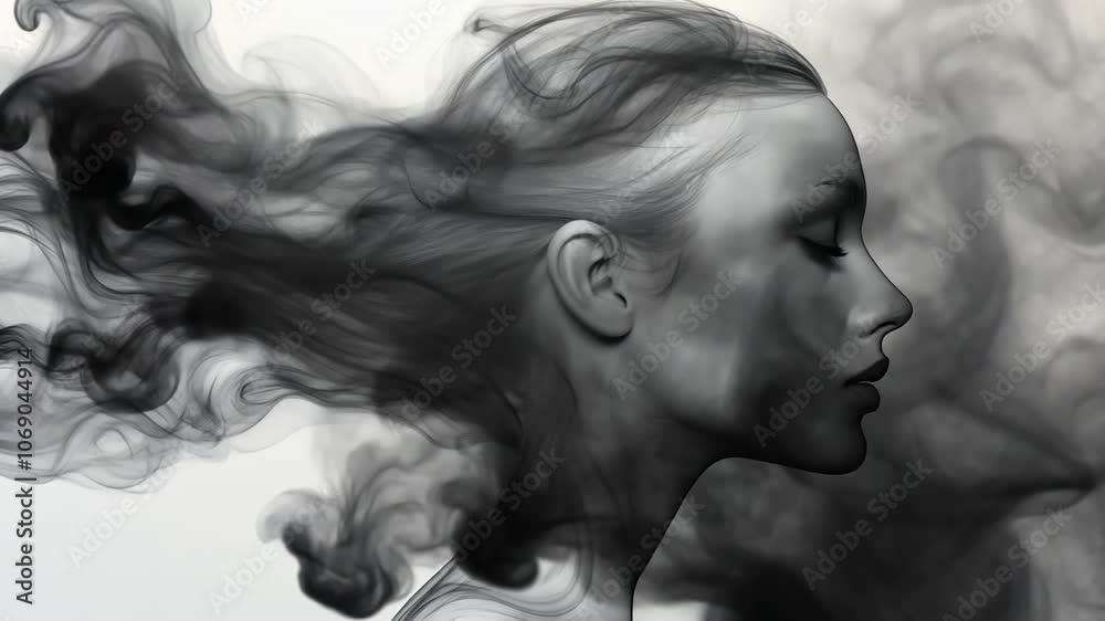Artistic representation of a woman's silhouette intertwined with flowing black smoke Artistic representation of a woman's silhouette intertwined with flowing black smoke