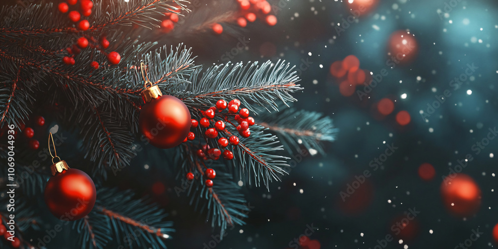 Red balls decoration and green Christmas tree on dark grey snowy background. Winter flat lay template, banner concept for Christmas, New Year and sale season. Web card and backdrop with space for text Red balls decoration and green Christmas tree on dark grey snowy background. Winter flat lay template, banner concept for Christmas, New Year and sale season. Web card and backdrop with space for text