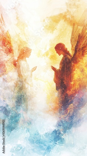 Angel Gabriel and Mary in a traditional Annunciation pose, watercolor strokes creating a sacred, ethereal atmosphere with soft light