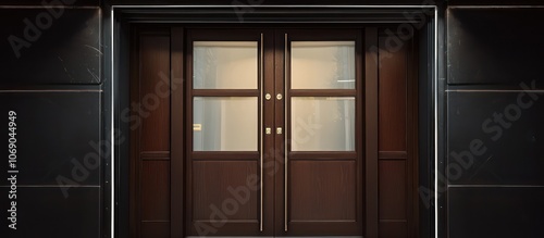 Brown wooden double doors with privacy glass from bird's-eye view.