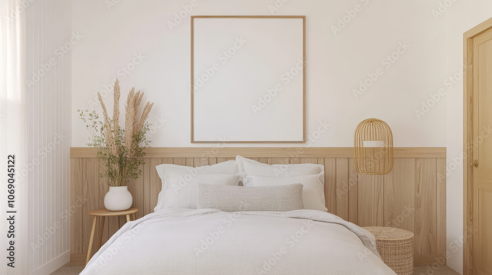 A serene bedroom featuring cozy bed with white linens, minimalist design, and natural elements like vase with dried plants. light color palette creates calming atmosphere A serene bedroom featuring cozy bed with white linens, minimalist design, and natural elements like vase with dried plants. light color palette creates calming atmosphere