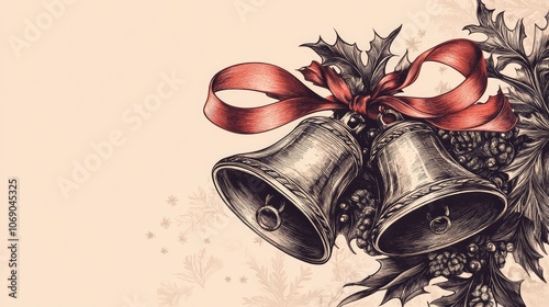 Illustration of Christmas bells tied with a ribbon, with intricate details and vintage style, capturing a traditional holiday vibe. photo