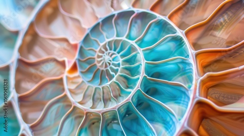 Nautilus shell highlighted in an abstract setting, showcasing its detailed spiral. The shell's geometric design is a beautiful display of marine life and nature.