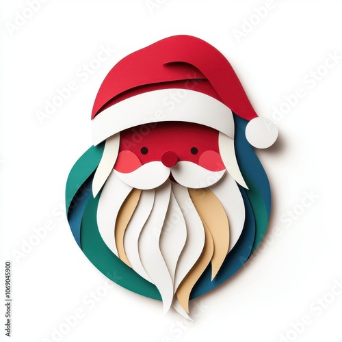 A colorful, paper-cut style depiction of Santa Claus, featuring a red hat, white beard, and a cheerful expression, perfect for holiday decorations.