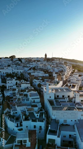 Vertical drone flight over Vejer de la Frontera, Cadiz. One of the most beautiful white villages in Spain.