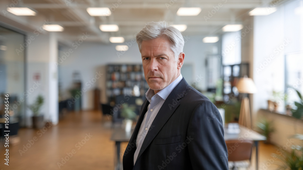 Confident middle-aged Caucasian man in a business suit standing in a modern office setting, conveying determination and focus. Confident middle-aged Caucasian man in a business suit standing in a modern office setting, conveying determination and focus.