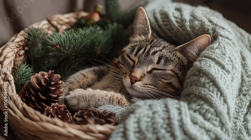 Wallpaper Mural Cat curled up in a holiday basket with pinecones and mistletoe, cozy under a soft Christmas blanket. Torontodigital.ca