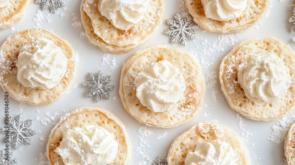 Mini lefse pieces topped with whipped butter on a bright white background, with silver snowflakes around the edges Mini lefse pieces topped with whipped butter on a bright white background, with silver snowflakes around the edges