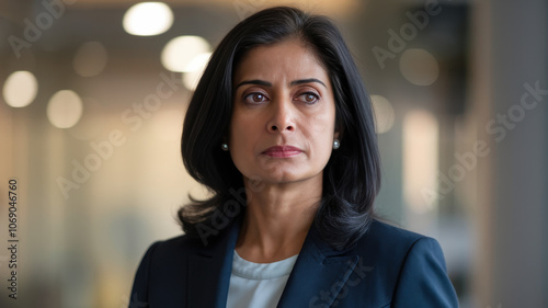 A thoughtful South Asian woman in her 40s, dressed in a professional suit, gazes out of a window in a modern office, reflecting deep concentration and determination.