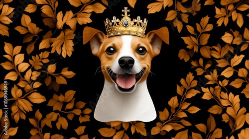 Regal Jack Russell Terrier Dog with Golden Crown Autumn Leaves photo