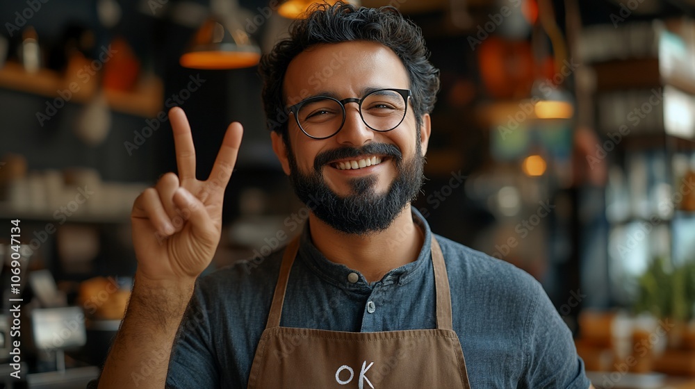 Fototapeta premium A smiling barista with a beard wearing glasses makes the peace sign.