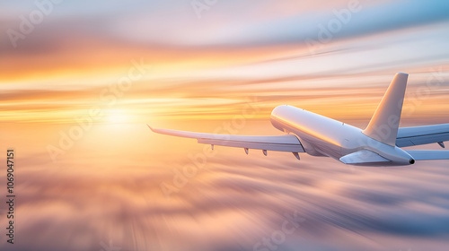 Beautiful sunset and cloudy sky from an aerial view. Airplane view above clouds photo