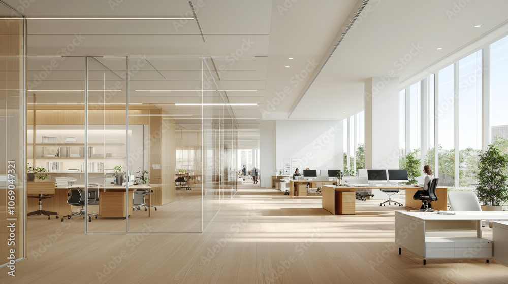 Fototapeta premium A modern office interior featuring spacious workstations, large windows, and natural light. design emphasizes clean, minimalist aesthetic with greenery enhancing atmosphere
