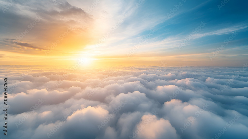 Beautiful sunset and cloudy sky from an aerial view. Airplane view above clouds