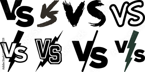 Versus (VS) Icon Set in Bold and Brush Styles with Lightning and Diagonal Slash Elements for Competitive or Comparison Graphics, Perfect for Sports, Gaming, and Promotional Designs