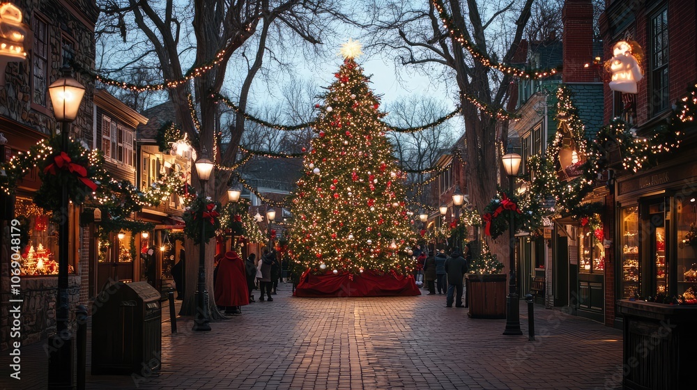 Obraz premium 19th-century village square with a large Christmas tree, garlands, and festive decor set against historical buildings.