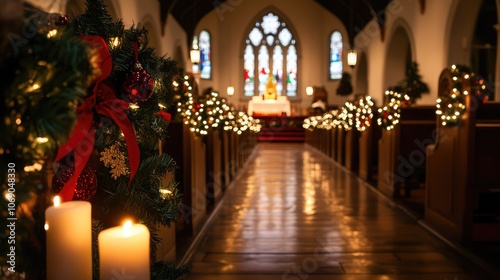 Christmas Eve church service with candlelight, decorated pews, and stained-glass windows illuminated softly.