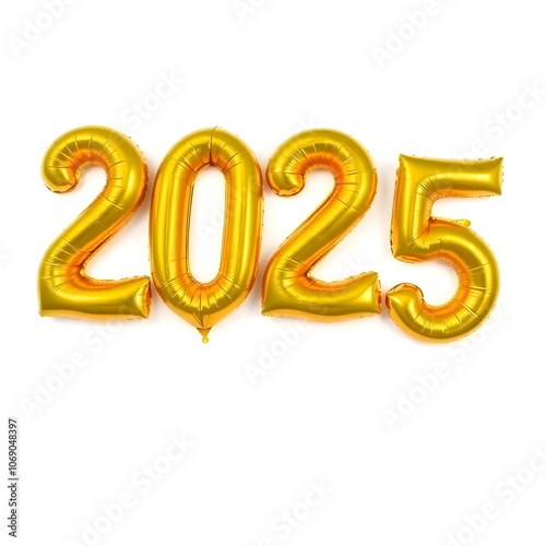 Happy New Year, 2025, Gold Color, Balloon Text Effect, Embossed, White Background 