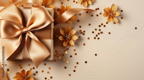 A realistic, elegant gift presentation with a gold ribbon on a beige pastel background. photo