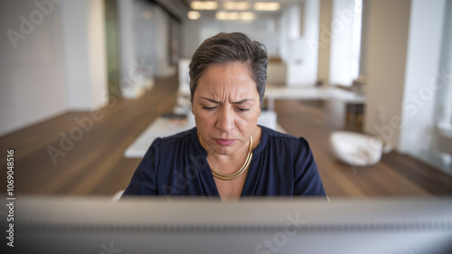 Focused middle-aged Hispanic woman working intently on a computer in a modern office environment, showcasing determination and concentration.