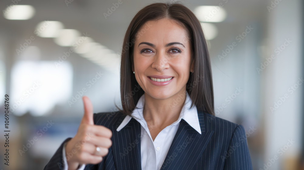 A smiling Hispanic woman in a business suit gives a thumbs up in a bright office, exuding confidence and professionalism. A smiling Hispanic woman in a business suit gives a thumbs up in a bright office, exuding confidence and professionalism.