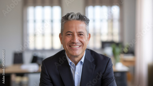 A confident Hispanic man in his 50s smiles warmly at the camera, wearing a dark suit and light blue shirt, seated in a modern office environment that exudes professionalism.