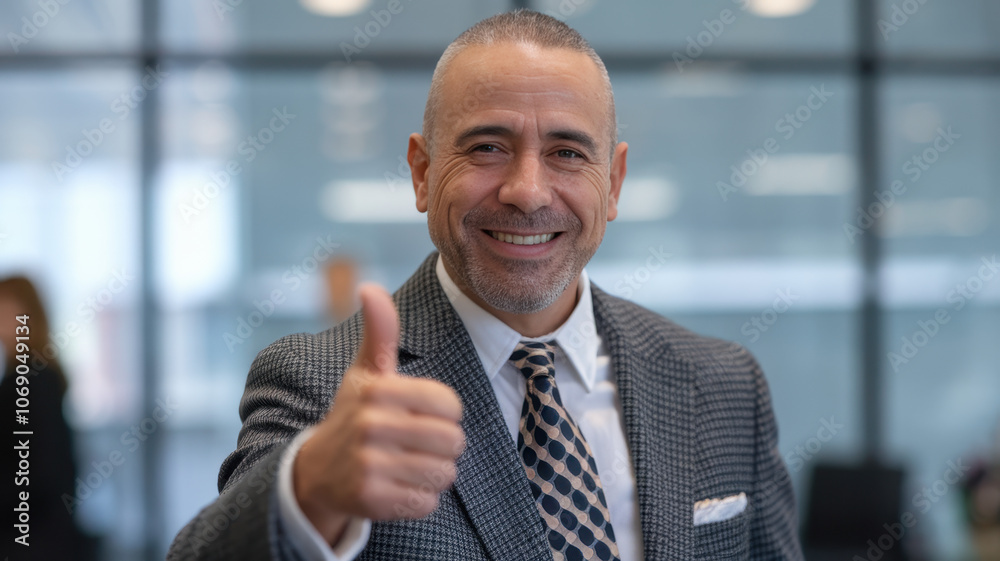 Confident Middle-Eastern man in a suit gives a thumbs-up gesture, showcasing positivity and success in a modern office environment. Confident Middle-Eastern man in a suit gives a thumbs-up gesture, showcasing positivity and success in a modern office environment.