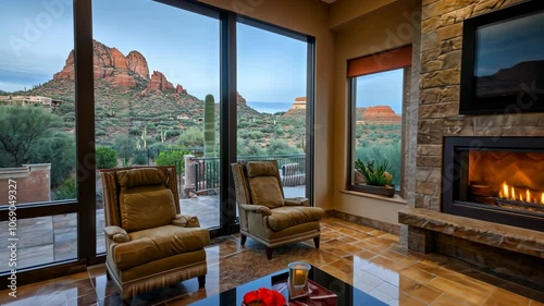 Two leather chairs sit in front of large windows overlooking a desert landscape in Sedona, Arizona