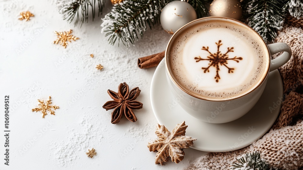 Delicious hot coffee in a white mug snowflake. The mug stands on a knitted warm blanket and cones. Christmas Winter Mood. Scandinavian cozy panorama banner Delicious hot coffee in a white mug snowflake. The mug stands on a knitted warm blanket and cones. Christmas Winter Mood. Scandinavian cozy panorama banner