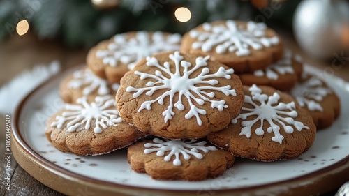 Delightful snowflake gingerbread cookies with white icing on a holiday setting, evoking the warmth of christmas, copy space. Winter panorama banner