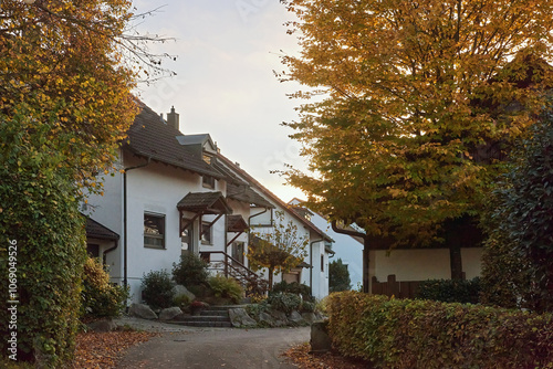 Charming House Beautifully Surrounded by Lush Greenery During the Lovely Autumn Season