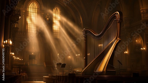 Golden Harp in Majestic Church Interior Sunlight Beams Classical Music Architecture