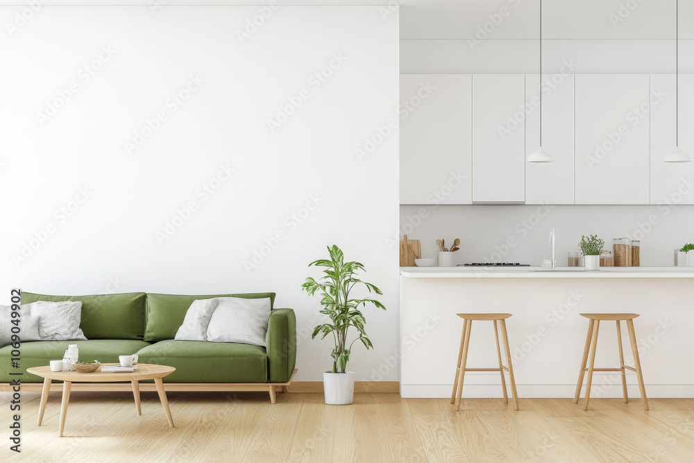 Fototapeta premium A modern living space featuring green sofa, wooden coffee table, and minimalist kitchen area. bright, airy atmosphere is enhanced by natural light and simple decor, creating welcoming environment