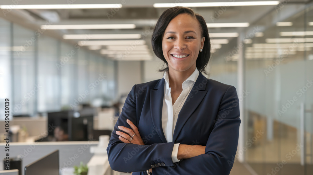 Confident African American woman in a professional suit stands with arms crossed, smiling warmly in a modern office with bright lighting and sleek furnishings. Confident African American woman in a professional suit stands with arms crossed, smiling warmly in a modern office with bright lighting and sleek furnishings.