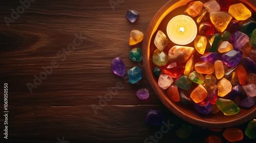 A warm candle illuminates colorful gemstones in a wooden bowl, creating a serene and peaceful ambiance perfect for relaxation and meditation.