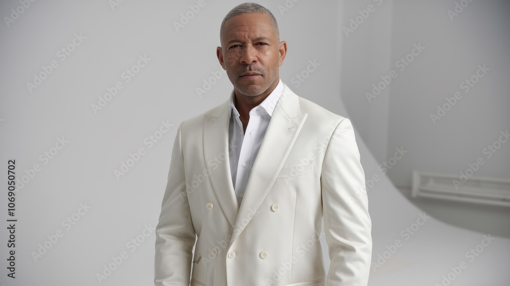 A confident middle-aged Black man in a stylish white suit, exuding sophistication and elegance against a minimalist backdrop, perfect for fashion or business themes. A confident middle-aged Black man in a stylish white suit, exuding sophistication and elegance against a minimalist backdrop, perfect for fashion or business themes.