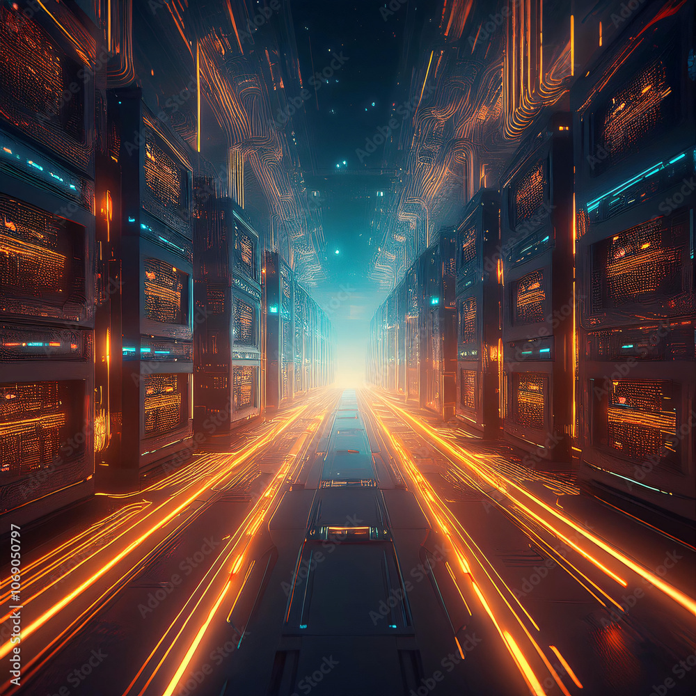 Fototapeta premium Digital Corridor: Futuristic Data Highway