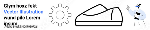 Gear icon, shoe outline, and person pointing, accompanied by random text. Ideal for technology, design, footwear, education, presentations, marketing creativity Landing page