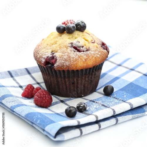 A delicious retro-style muffin with berries on a blue checkered cloth. Generative AI photo