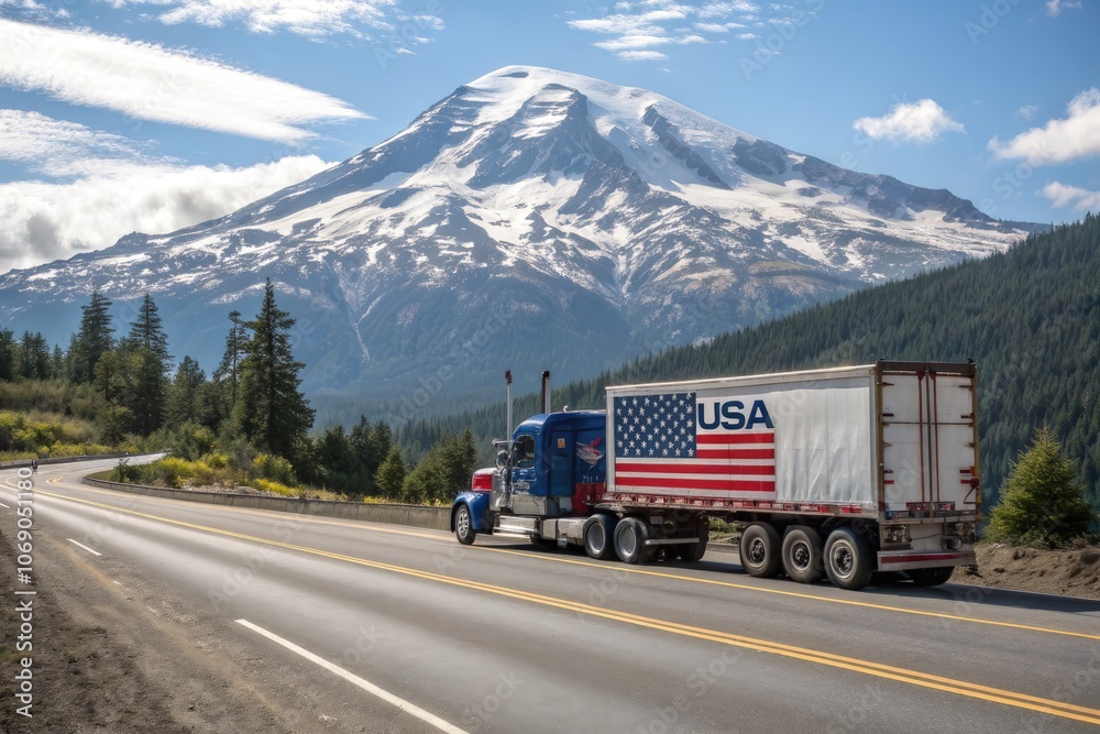 A semi truck with dual exhaust drives on a highway by snowy mountains in the USA A semi truck with dual exhaust drives on a highway by snowy mountains in the USA