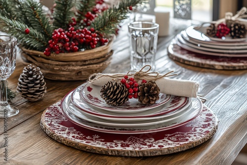 Rustic Christmas table setting with pine cone and berry accents on red and white plates photo