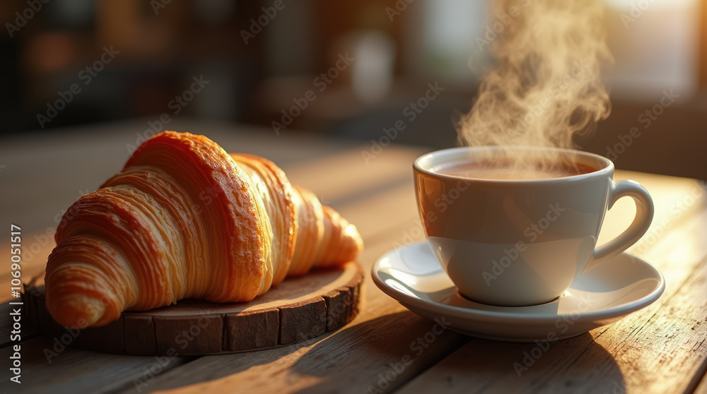 A golden croissant beside a steaming cup of coffee on a rustic table A golden croissant beside a steaming cup of coffee on a rustic table