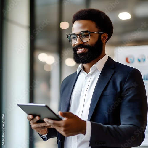 A business professional confidently delivering a presentation, using a tablet to showcase data. The engaging and dynamic presentation captivates the audience with its clear and informative content.